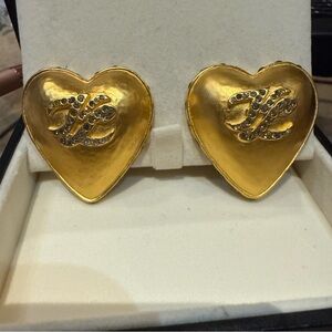KARL LAGERFELD Vintage80s rare rhinestone gold plated puffy heart clip earrings